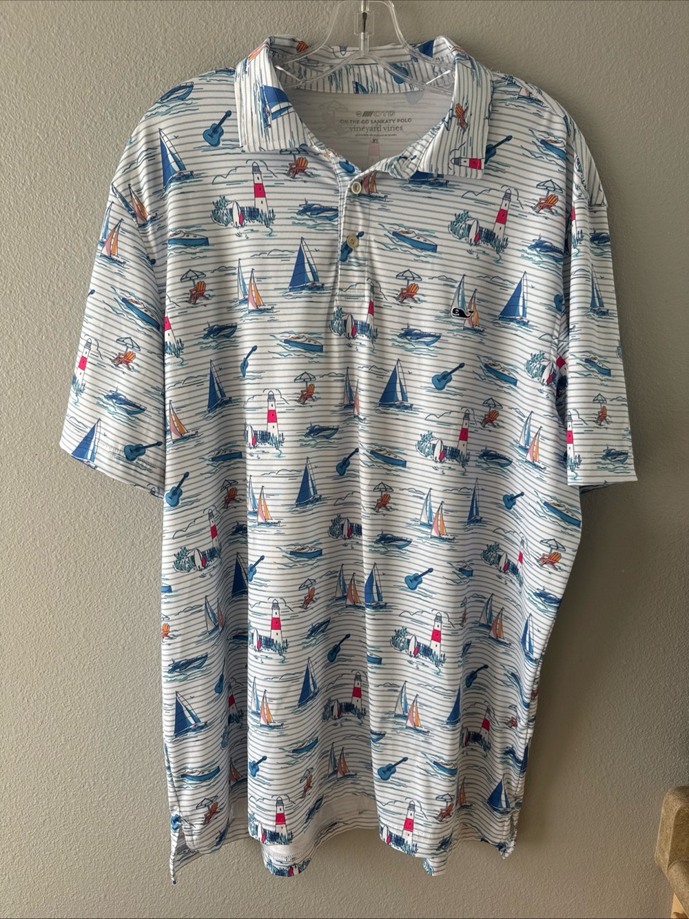 Vineyard Vines White Polo with Blue & Red Nautical Print-XL